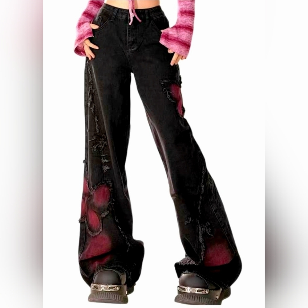 Distressed Wide-Leg Jeans Y2k Butterfly Gothic Baggy Jeans Tye Die